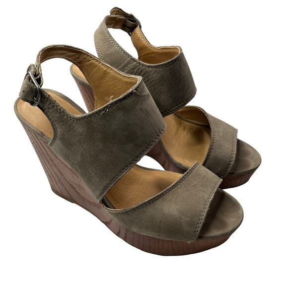 Lucky Brand Women’s 8M‎ Lattela Platform Sandals Wooden Wedge Heel Cut Out Taupe - Picture 1 of 16